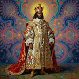 beautiful oil painting, full length portrait of zulu dauphin in baroque coronation robes 1701, Dan Mumford, Dan Mumford, Alex grey, hyacinthe rigaurd, highly detailed , lsd visuals, dmt fractal patterns, visionary art, psychedelic art, ornate, vaporwave, baroque, Greg rutkowski