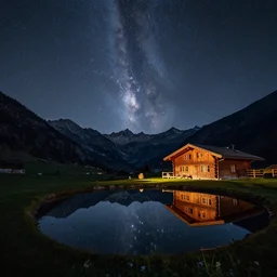 a beautiful double exposure of an astrophotography photo by cassini, and a night time landscape with mountains, reflecting pool, wooden chalet, lpoty, award winning, apod