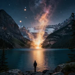 Meteor hitting a Mountain Lake in canadian wilderness, dynamic lighting, volumetric, bokeh, cinematic, establishing shot, extremly high detail, photo realistic, cinematic lighting, post processed, concept art, artstation, matte painting, style by eddie mendoza, raphael lacoste, alex ross