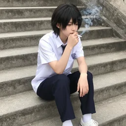 high schooler wearing a school uniform sitting on concrete steps, smoking a cigarette, digital art, detailed, anime