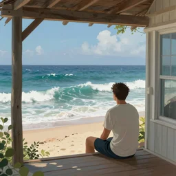 Watching the tumultuous ocean while sitting on the deck at my beach house. Beautiful digital art in the style of Charlie Bowater, John Bauer, and Gustav Klimt, trending on artstation