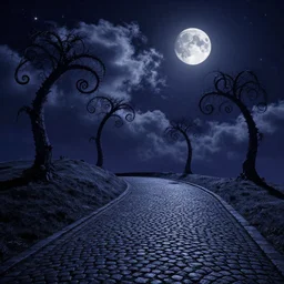 night dark sky, moon, stars, curled perspective digital art of spiral clouds cobblestone street in top of a hill with curly palmtrees by anton fadeev from nightmare before christmas