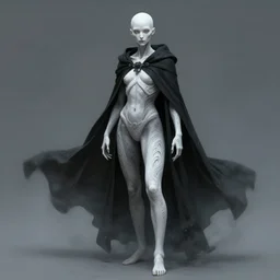 a humanoid creature with pale white skin and intricate designs inset into its skin. the creature is bald. it is wearing a black flowing cloak that looks like mist. art by peter mohrbacher.