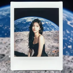 vintage polaroid photo of a beautifuk young woman on the moon, the earth visible in de background, warm azure tones, red color bleed, film grain