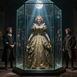 queen in a glass prison, masterpiece by Edgar Maxence and Ross Tran and Michael Whelan, gustav dore, carravaggion, realistic fantasy, establishing shot, 8k, octane render, moonbeams