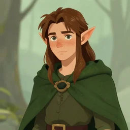 elf druid with messy brown hair, green cloak, freckles, character art, trending on artstation,