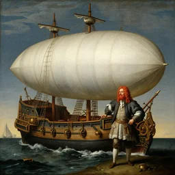isaac newton building a dirigible out of a pirate ship with a red - bearded colleague, renaissance painting