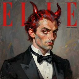 the devil wearing a tuxedo, elle magazine, greg rutkowski, john singer sargent, trending on artstation, anime, oil painting, 3 / 4 pose, headshots, looking right, intricate