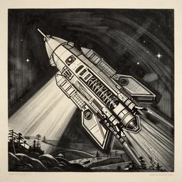spaceship in the sky by woodblock print