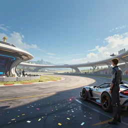 wide angle shot of a futuristic vehicle racetrack winners circle with confetti on a sunny day with a clear blue sky, cyberpunk, profile shot, digital painting, good value control