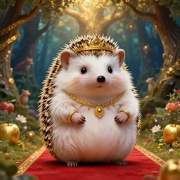 hedgehog deity, fat figure, cute, elegant, furry, white, gold, warm, wearing a crown, bracelets and necklaces, red carpet, figure, realistic, hair detailing, background is heavenly, wonderland at night, the light in the deep forest full of mythical creatures of the picture, according to european art, golden sacred tree, golden apple, flower garden, hyper realistic render. den noise