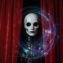 puppet master in tuxedo behind red curtains, dark ambiance, realism, behance, holography, neoplasticism, holographic, cosmic horror, parallax