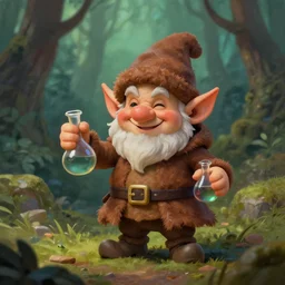 tiny evil alchemist gnome, brown tuffle coat, evil smile, flasks in hands, dnd, deforested forest background, gesso matte painting, by midjourney