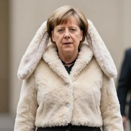 angela merkel wears a jacket made of fluffy cute plush rabbit with very long ears 8 k, hd