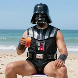 darth vader in a swimsuit, tanning at the beach, with a drink in his hand, yellow hue, watercolor painting, highly detailed.