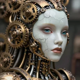a beautiful mechanical woman with a cracked porcelain face, steampunk, gears, intricate details, portrait, realistic octane render, shallow depth of field, 8k