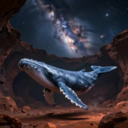 whale on mars cave, photorealistic, very detailed, high definition landscape, gorgeous whale, stars and milky way galaxy, dark sky, award winning photograph, nature photography