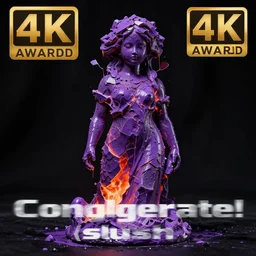statue!!!, purple shattered paint!, glowing lava!!!, (((conglomerate!, slush))), abstract!, black backdrop!, 4k!, award-winning photo!!!!, 33mm!
