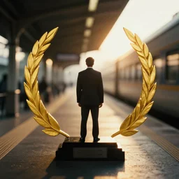 a 2 8 mm macro photo from the back of a businessman standing on a train platform, splash art, movie still, bokeh, canon 5 0 mm, cinematic lighting, dramatic, film, photography, golden hour, depth of field, award - winning, anamorphic lens flare, 8 k, hyper detailed, 3 5 mm film grain