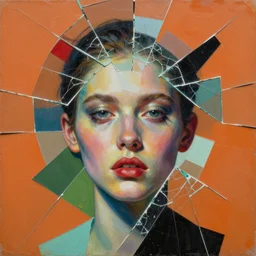 languid temptation. minimalistic paper collage with shattered glass texture in style of contemporary art, punk art, photorealistic face, expressionism, masterpiece, perfect composition, photorealistic beautiful face, spectacular quality, intricate oil details, orange, red, cyan, green, black