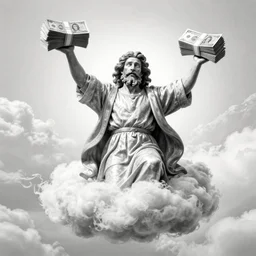 british money ascending into heaven holding stacks of cash, biblical image, style of gustave dore, highly detailed, beautiful, high contrast, black and white