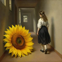 a painting of a girl walking in a hallway and suddenly finds a giant sunflower on the floor blocking her way, oil painting, atmospheric lighting, highly detailed rembrandt van rijn, aert de gelder, esaias van de velde