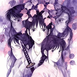portrait, nightmare anomalies, leaves with a katana by miyazaki, violet and pink and white palette, illustration, kenneth blom, mental alchemy, james jean, pablo amaringo, naudline pierre, contemporary art, hyper detailed