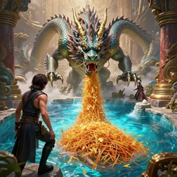 unexpected windfall, dragon fodder, kardur’s vicious return, cinematic, hyper realism, high detail, octane render, unreal engine, 8k, vibrant color, entrance to the immortality pool, by dom qwek and andrea chiampo