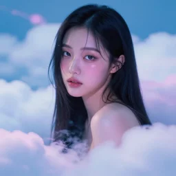 lee jin - eun emerging dreamy clouds in vaporwave theme by jeremy lipkin, rule of thirds, seductive look, beautiful