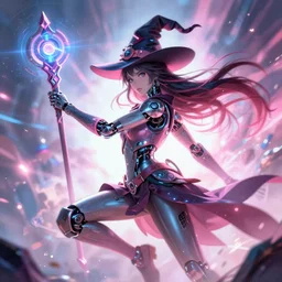 A cybernetic witch wielding a futuristic power staff, digital apex legends illustration portrait, gorgeous lighting, wide angle action dynamic portrait, art by Ross tran, Pink and blue palette, high contrast,