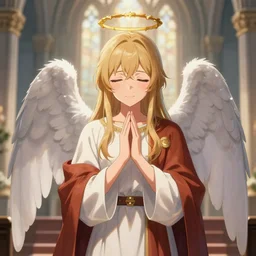 beautiful detailed illustration of catholic anime angel praying in church, pixiv