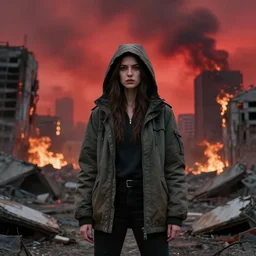hooded jacket woman standing in front of a post apocalyptic city with burning red sky