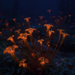 beautiful nature photography of bioluminescent orange flowers from planet pandora, low light, avatar, james cameron