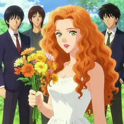 goth christina hendricks with flowers in her hand, sunny weather, tankoban, 4 k, tone mapping, akihiko yoshida, james jean andrei riabovitchev marc simonetti, yoshitaka amano, long hair, curly, h. hydrochaeri