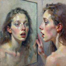 highly detailed expressionist oil painting of a mirror!!!! reflection!!!! of your soul, expressive, impasto, pastel shades, rough canvas textured, dynamic pose, top lighting, loose brush strokes, perfect face, hyper detailed, digital painting, artstation, concept art, hyper detailed eyes, art by sam spratt and peter mohrbacher and james jean
