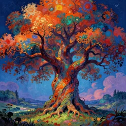 A psychedelic awakened tree rust monster, vibrant color scheme, highly detailed, in the style of romanticism, cinematic, artstation, Moebius, Greg rutkowski