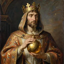a man wearing an ornate hooded robe and crown, holding golden sphere, royalty, oil painting, by Michelangelo, high detail