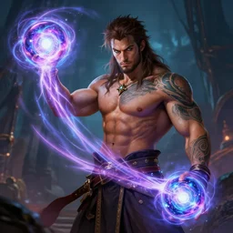 handsome tattooed gym bro cleric chromatic orbs magic spell vfx, diagonal spell vfx, fantasy game spell, fantasy epic digital art, by greg rutkowski, gaston bussiere, craig mullins, j. c. leyendecker, tom of finland