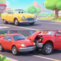a before and after shot of a cartoon car accident, hd cinematic cartoon,