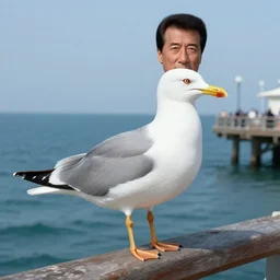 a photo still of steven seagal as a seagull at the pier next to the ocean, anthropomorphized