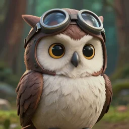 high resolution, cinematic, anthropomorphic owl character, realistic detailed hyperrealistic puffy feathers, pilots hat, made in 3 d, collectable statue, octane render, friendly face, sad eyes, super cute, forrest background, depth of field, sharp focus, volumetric lighting by studio ghibli and pixar