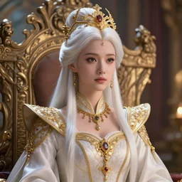 medium shot of royal princess with white hair, complex clothing, gold accents, fantasy, headpiece, digital illustration, movie still, 4 k, golden jewellery, highly detailed, octane renderer, artstation trending, cinematic lighting, throne room