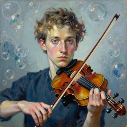 portrait of a young violinist focusing, violin in hand, painted by vincent lefevre and hernan bas and pat steir and hilma af klint, psychological, symmetrical face, dripping paint, washy brush, background with hundreds of bubbles of memories by andreas gursky, rendered in octane, altermodern, masterpiece