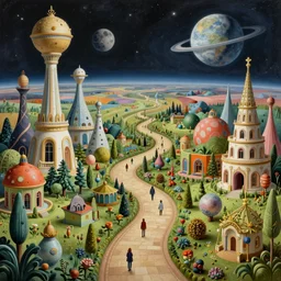 a whimsical surreal matte painting of a winding path through outer space worlds, surreal architecture designed by heironymous boach, megastructures inspired by heironymous bosch's the garden of earthly delights, vast surreal landscapes and horizon by asher durand and cyril rolando and natalie shau, insanely detailed and intricate, elite, masterpiece, elegant
