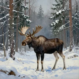 caspar david friedrich style painting, winter forest, moose, spruce trees
