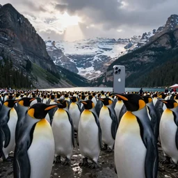penguin taking pictures with a iphone, banff in far distance, big crowd of penguins around