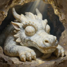a complex funny stone dragon with giant eyes made of marble, sleeping in a portuguese indian cave. very low angle photograph, highly detailed, trending on artstation, realistic, smooth, high contrast, soft colors, rays of golden sunlight, oil painting by simon stalenhag and greg rutkowski and greg hildebrandt