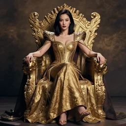 portrait by tara phillips of a beautiful young asian woman with shoulder length hair and strong facial bone structure, queen and ruler of the universe, sitting on her throne, men kneeling at her feet
