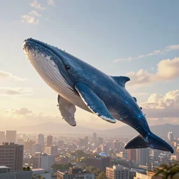 a cyberpunk blue whale is flying high in the sky above the city, epic, surreal, cinematic shot, golden hour, artstation, deviantart, dreamy atmosphere, high definition