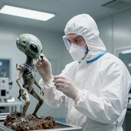 man wearing hazmat suit in cleanroom examining alien. by Roger Deakins